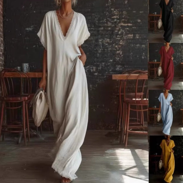 spring/summer collection: independent website, , us & european market - casual, elegant, comfortable, lace-trimmed, loose-fit linen-cotton maxi dress
