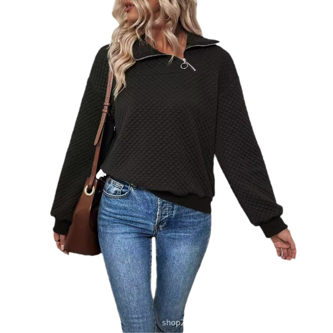 Cross-border European and American  casual zipper lapel sweater women's hoodless long-sleeved fashion pullover semi-zipper spring and autumn