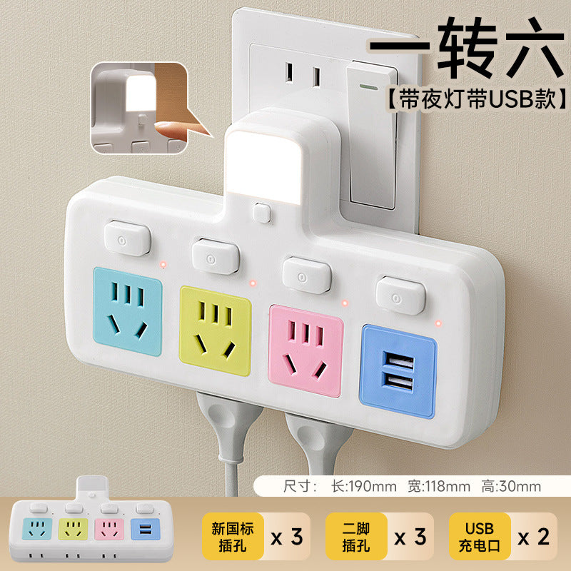 Multi-port usb charging power strip with surge protection, overload protection, five-outlet expansion, independent switches, and bedside night light