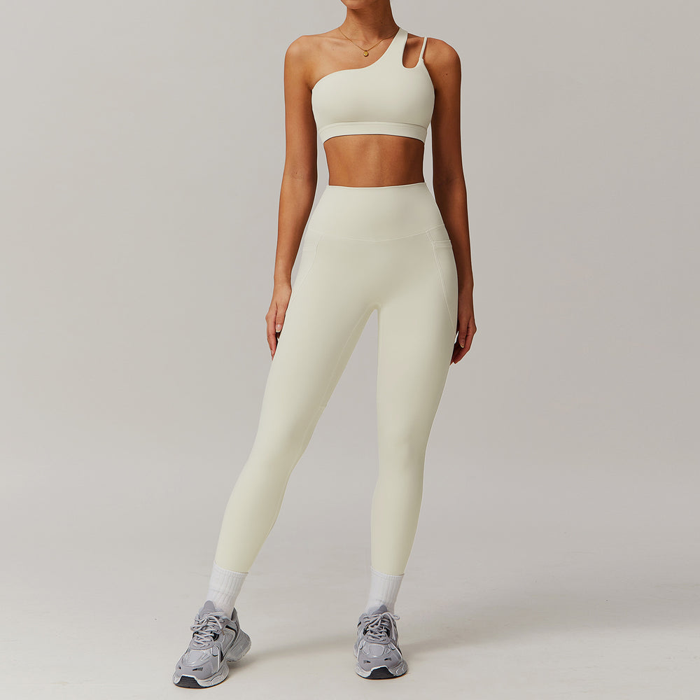 breathable quick-drying tight-fitting yoga clothes flap pocket pants running sports suit diagonal shoulder naked fitness suit6425