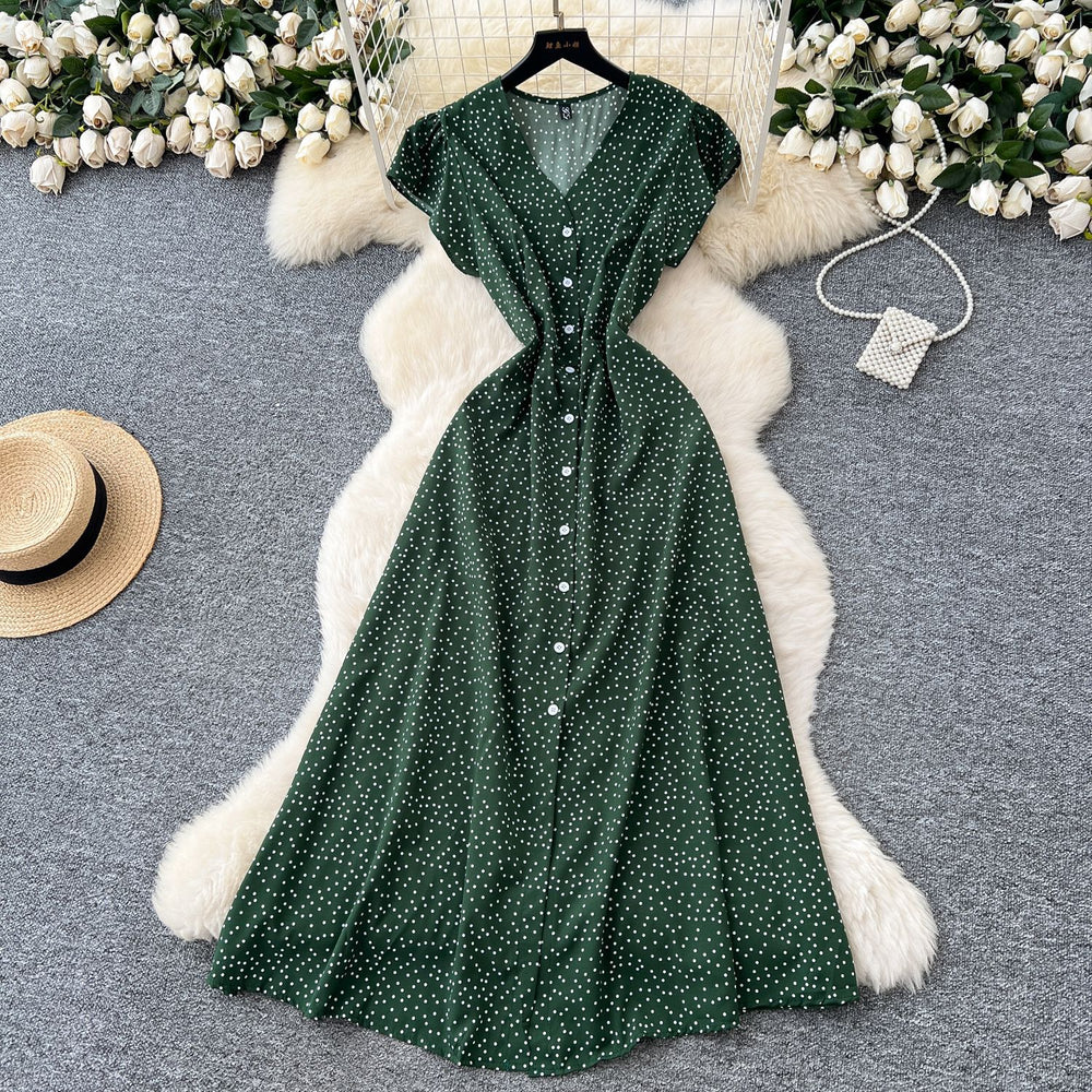 French retro v-neck flutter sleeve fitted waist dress - women's 2025 summer slimming elegant single-breasted floral maxi dress