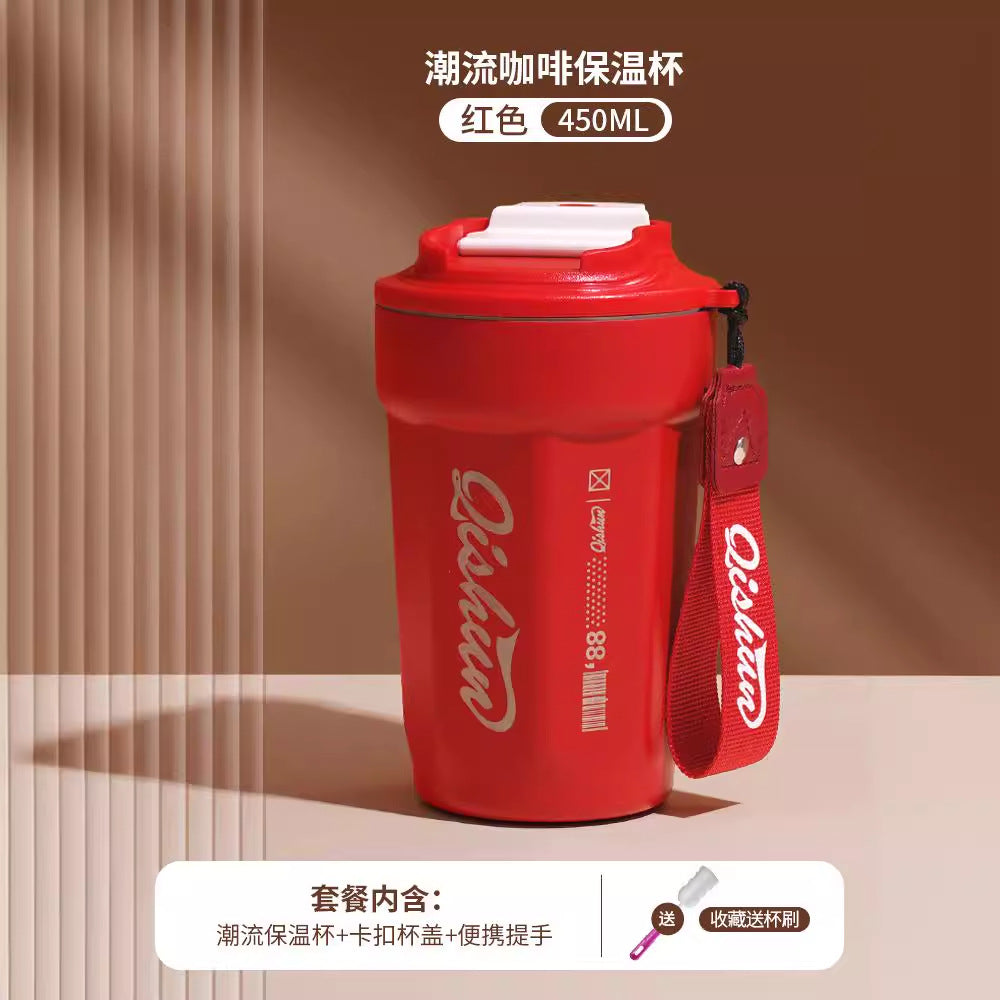Simple 316 stainless steel octagonal coffee mug - portable cola cup with carry strap, outdoor car vacuum insulated tumbler - customizable