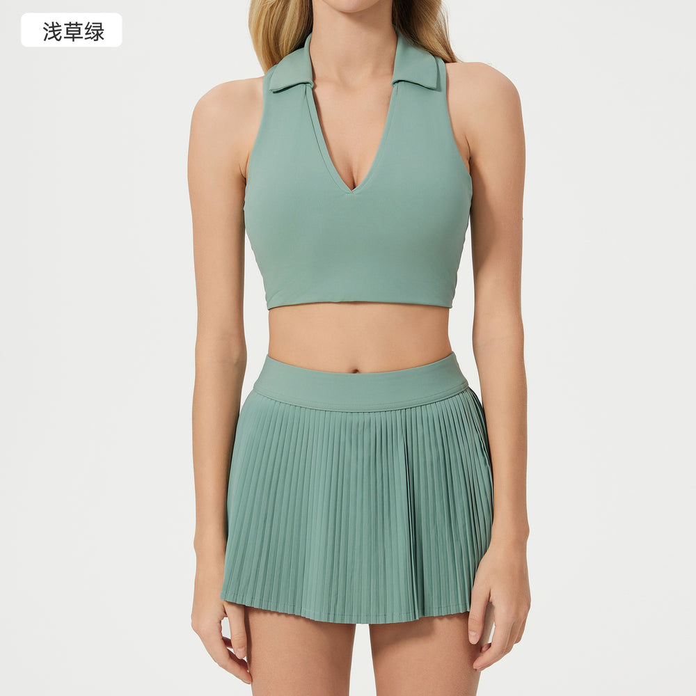 Polo collar sports bra women's quick-dry breathable fitness tennis pleated skirt professional training yoga outfit set
