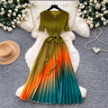 Elegant v-neck gradient color dress - women's summer korean style, slimming a-line pleated maxi dress with drape