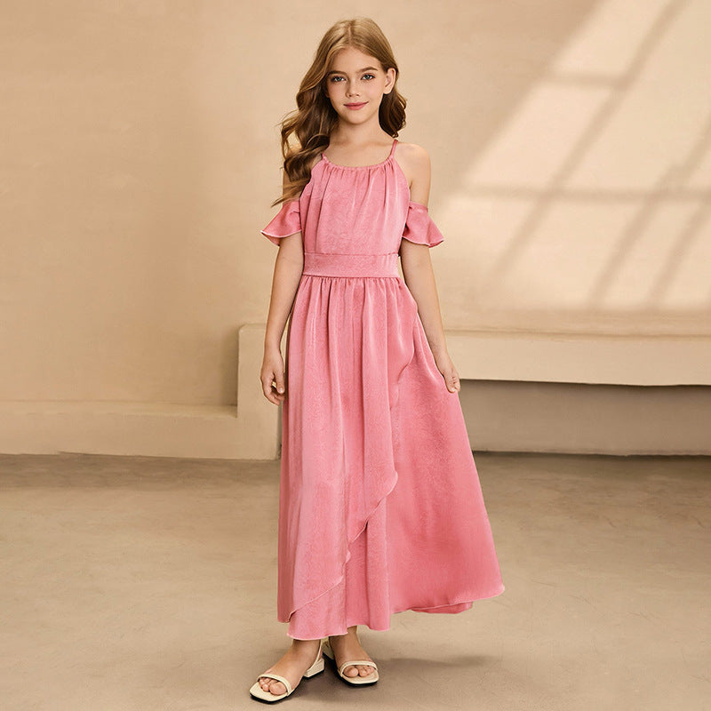 fashion style girl dress chiffon off-shoulder sense of design long skirt new arrivalgirl dress custom style