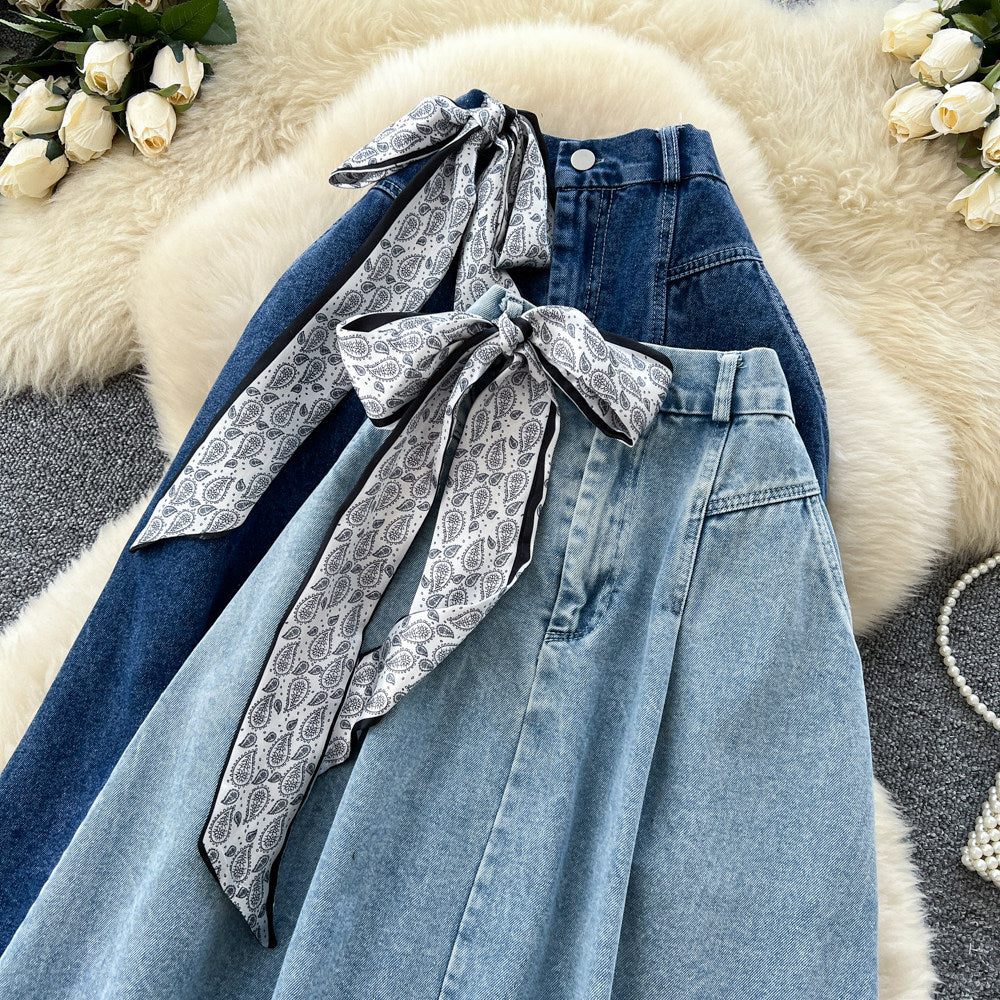K-styleretroartsy silk scarf denimcasual skirt women's springhigh waistslimming looka-line long skirtwork clothinghong kong style