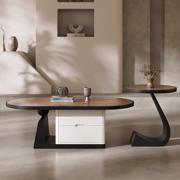 living room home small apartment coffee table oval slate storage solid walnut wood mid-century style with drawer
