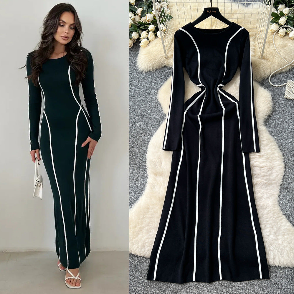 Frenchclassy niche stylefashioncontrast color side patchwork waist round neck long sleevessweaterdress women's slimming look long skirt