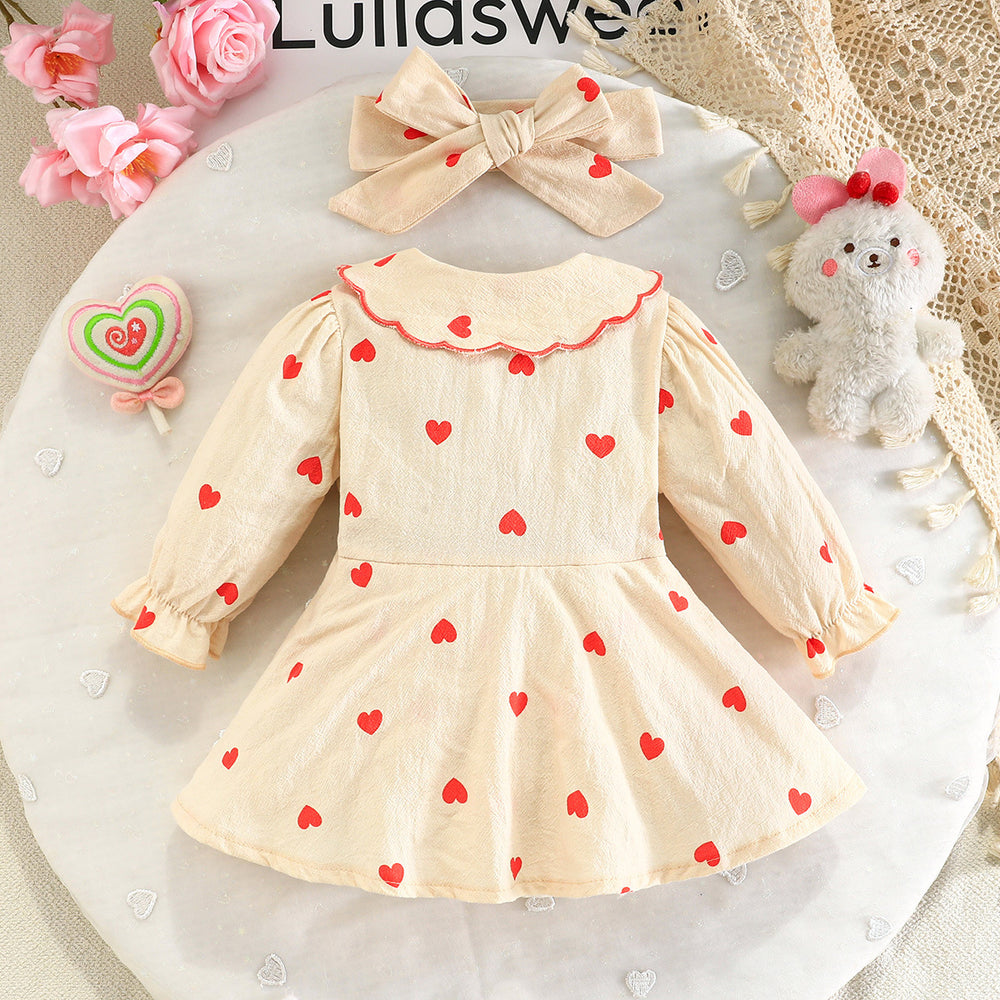 girls' heart print big collar triangle romper - apricot long sleeve + bow hair accessory