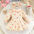 girls' heart print big collar triangle romper - apricot long sleeve + bow hair accessory