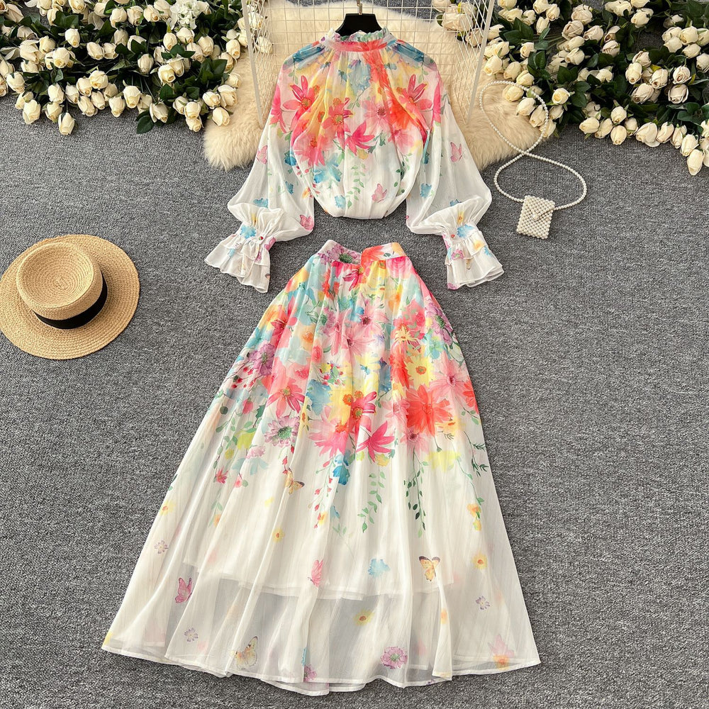 spring resort style two-piece set: women's elegant tie-waist lantern sleeve printed blouse + high-waisted drape midi skirt