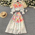 spring resort style two-piece set: women's elegant tie-waist lantern sleeve printed blouse + high-waisted drape midi skirt
