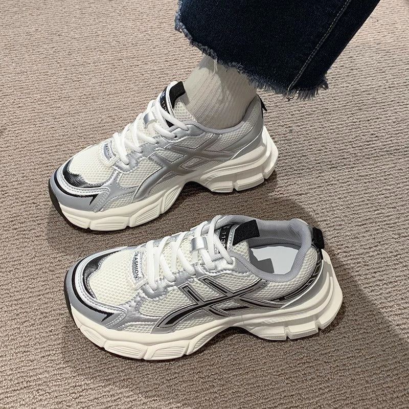 Chunky platform sneakers for women, 2026 new spring/summer collection, breathable mesh, student running shoes, trendy street style, lightweight casual athletic shoes