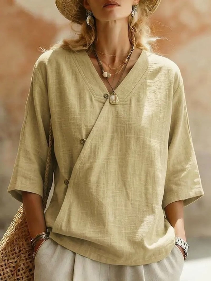 summer new women's solid color cotton linen european and american button-down top - cross-border e-commerce