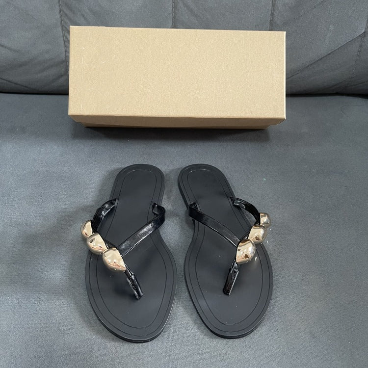 Spain 2024 summer new one-strap flip-flop women's sandals - black decorative embellished flat sandals