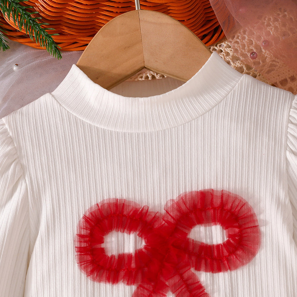 new european and american christmas top with puff sleeves + mesh skirt bow set - hot selling direct from the factory