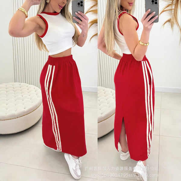 ODS5410 European and American contrasting color vest + elastic waist skirt set