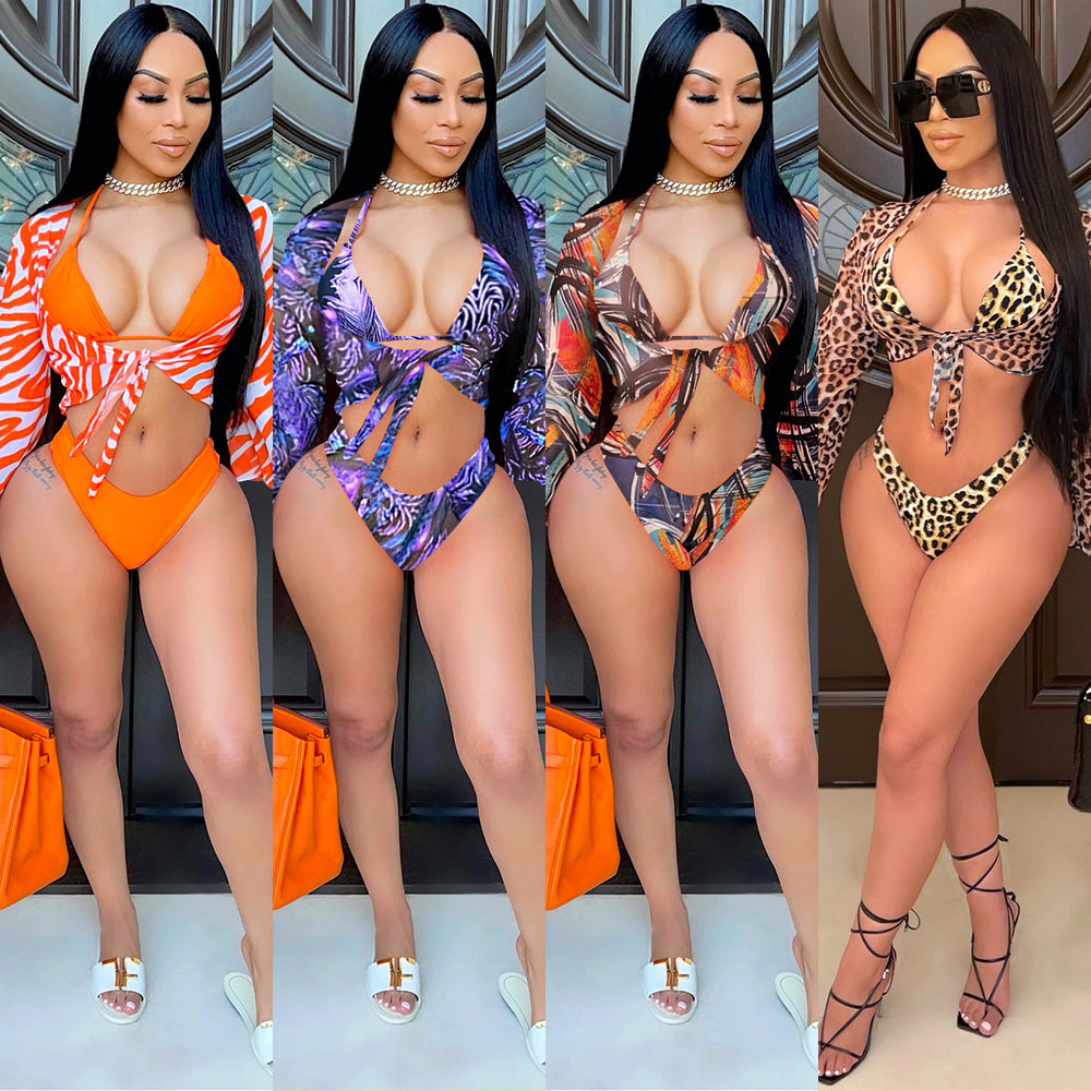 X5067 special offer: no returns or exchanges. purchase with caution. sexy leopard print mesh three-piece bikini set with strappy detail