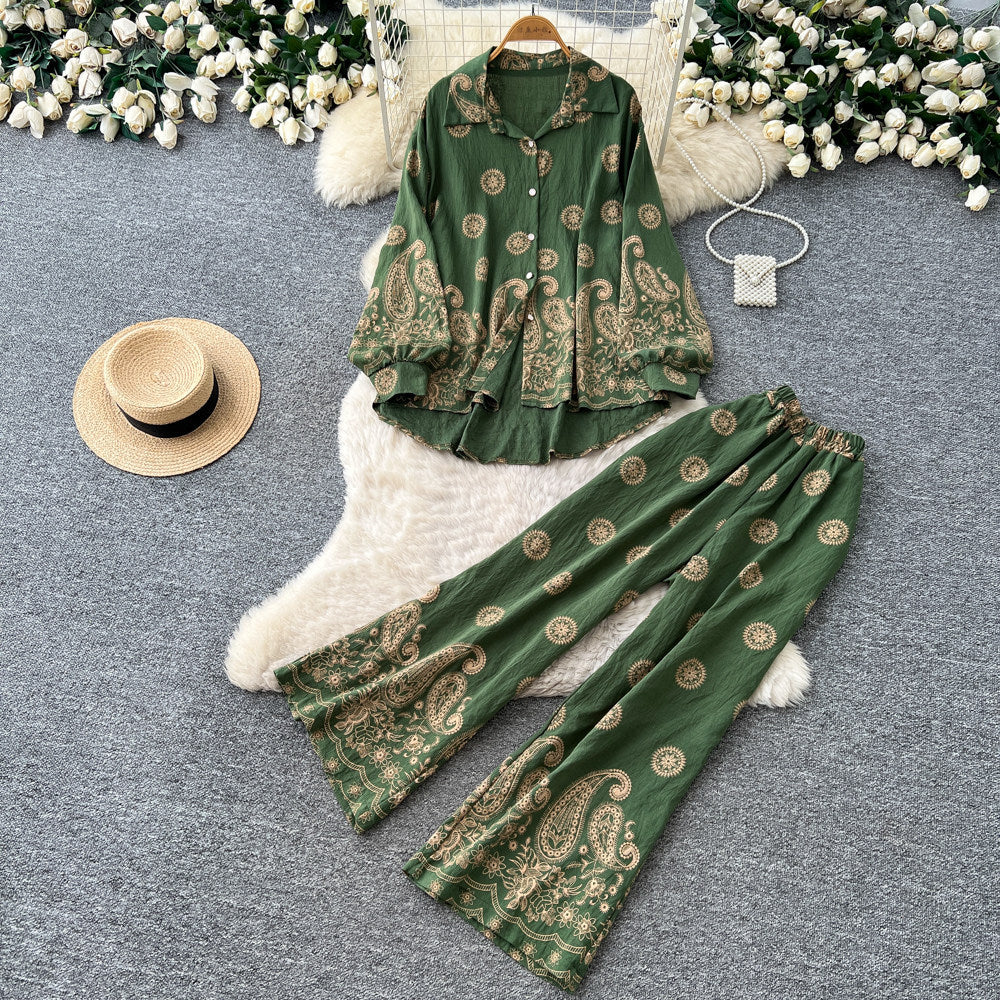 Retro ethnic style printingeleganttwo-piece set female autum puff sleeve polo collar silmloose pants royal sister suit