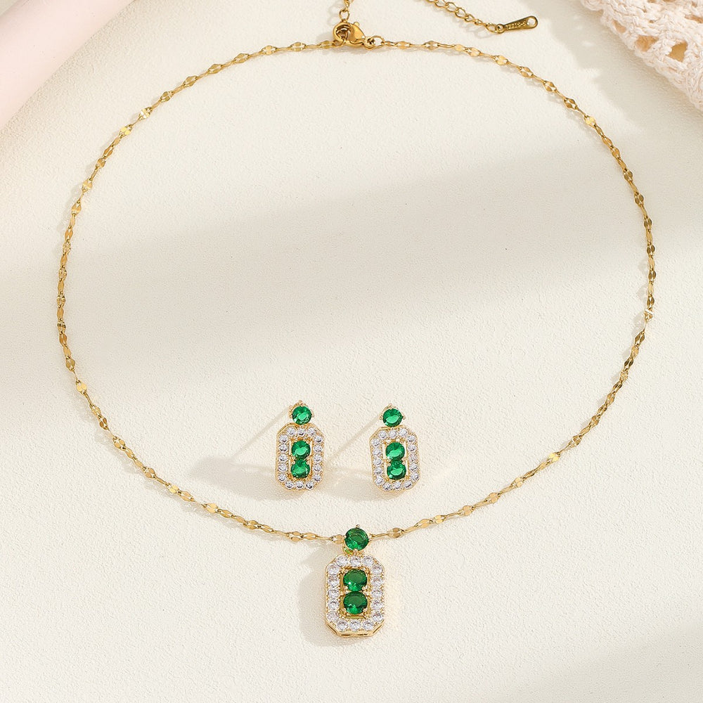 Titanium steel necklace women's long emerald gemstone pendant earrings classy light luxury cross-border clavicle chain jewelry wholesale