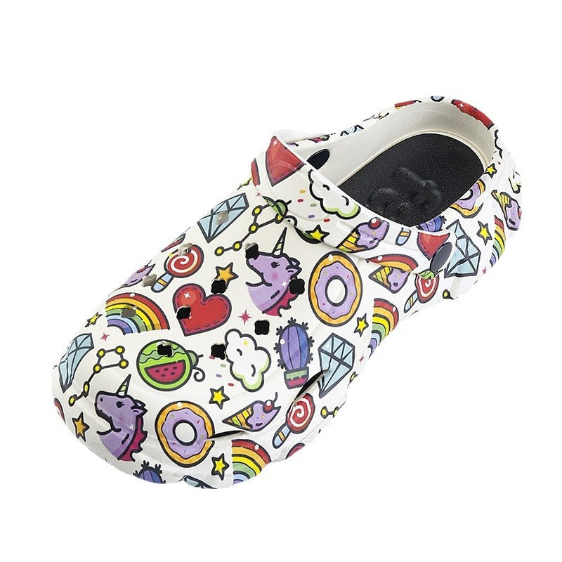 2025 summer new women's clogs - cute cartoon print, closed-toe, chunky sole, girly beach sandals