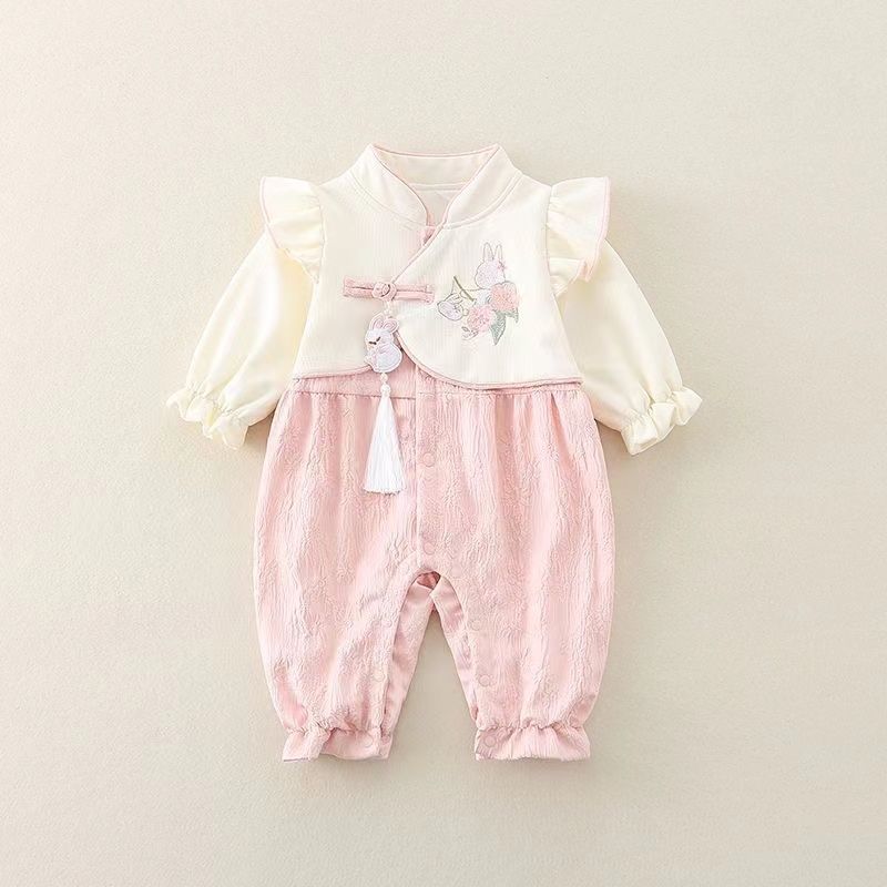 Newborn baby autumn outfit: girls' romper - perfect for full month, 100-day celebration, traditional chinese style, first birthday, chanel-inspired, outdoor wear, spring & autumn trendy style