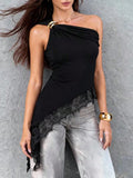 women's clothing  summer new fashion buckle one-shoulder lace patchwork asymmetrical hem top