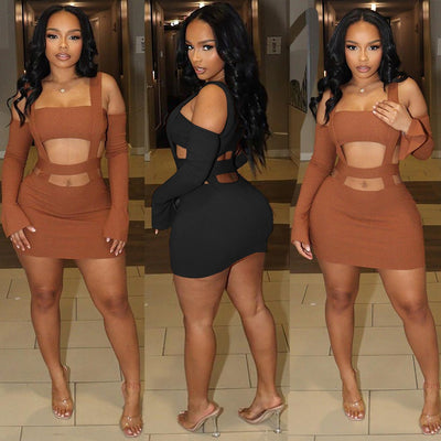 European and american cross-border women's fashion:  style sexy hollow-out cropped cami dress with attached sleeves and bodycon skirt