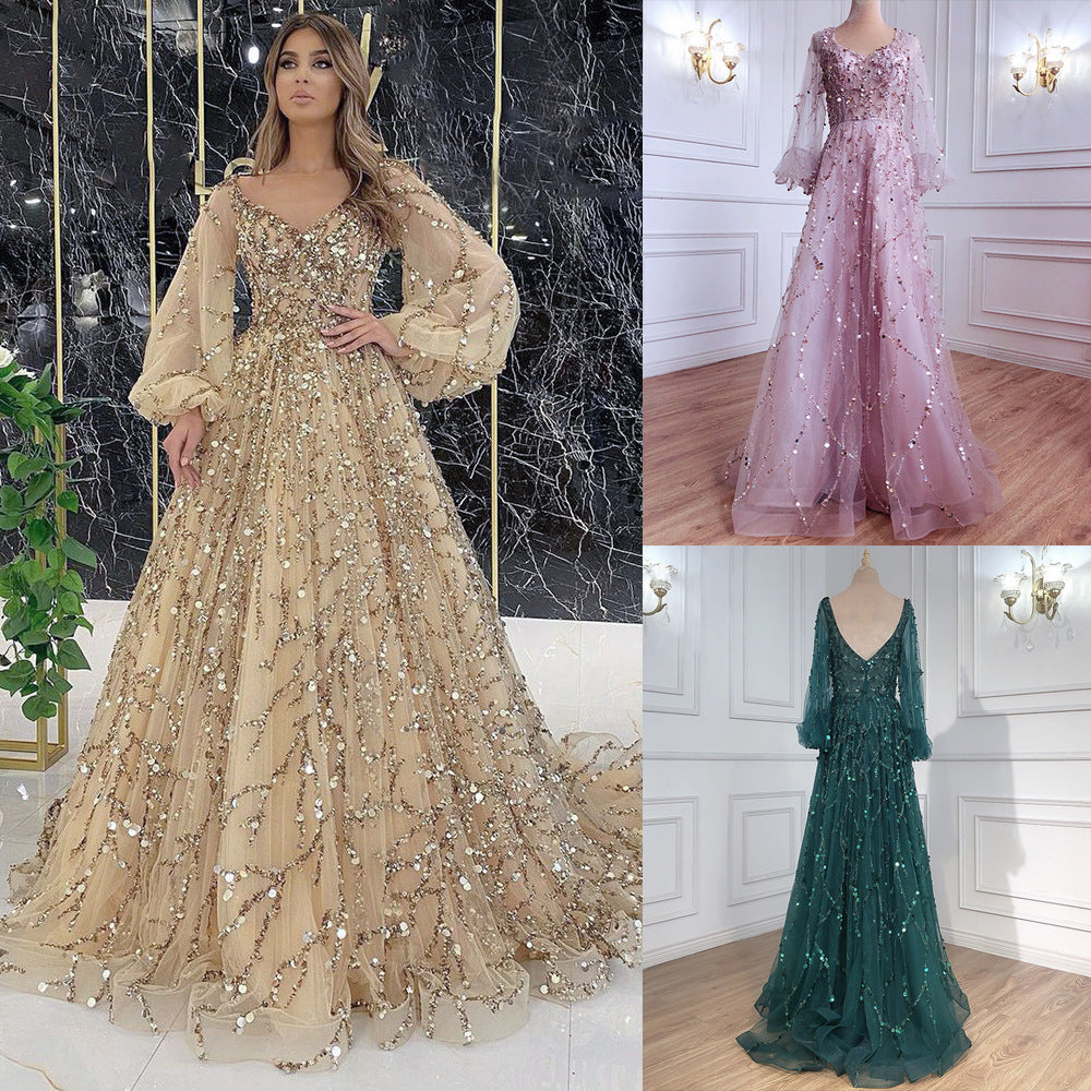 new cross-border gold heavy beaded luxury evening gown - sexy socialite queen long dress yq7109