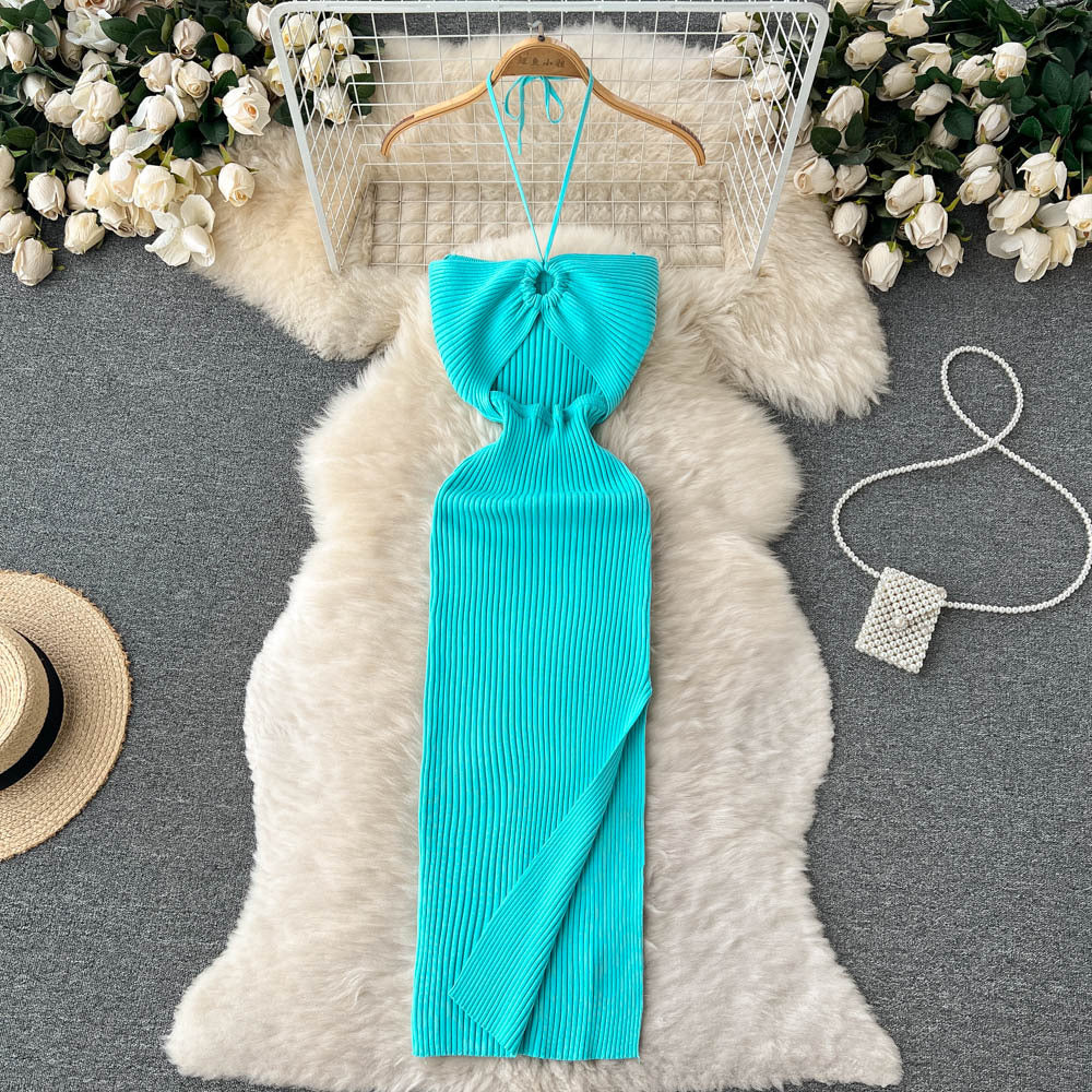 Spring and summer elegant socialite haltercut outtube top hip-covering long skirt women's tight sexybackless slit knitting long skirt