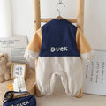 Infant and toddler spring/autumn color-blocked romper, stylish and cute one-piece outfit for baby boys and girls, perfect for outings, a trendy and fashionable crawling suit