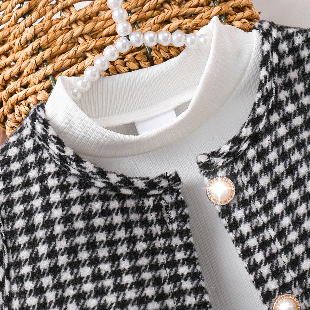 Girls' two-piece set: 3d ruffle sleeve dress + plaid cardigan