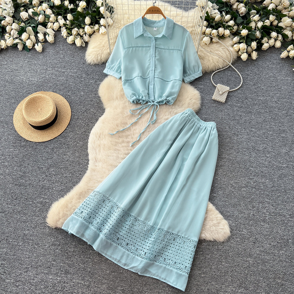 Dopamine red lace cutout blouse and skirt two-piece set - women's summer commute style slim fit outfit - new  collection