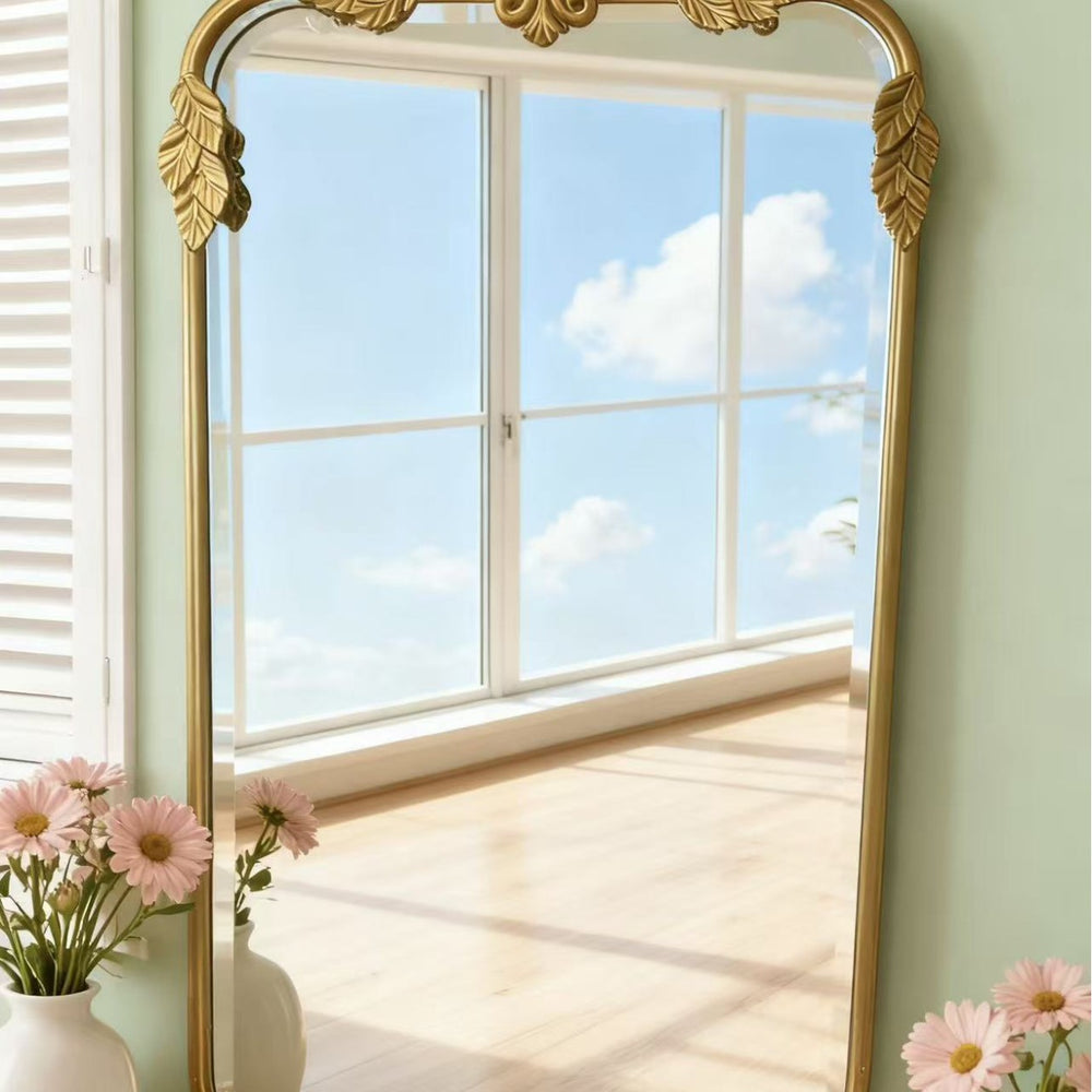 French retro full-length mirror, european-style solid wood carved floor mirror, bedroom wall-mounted gold vanity mirror, entryway mirror
