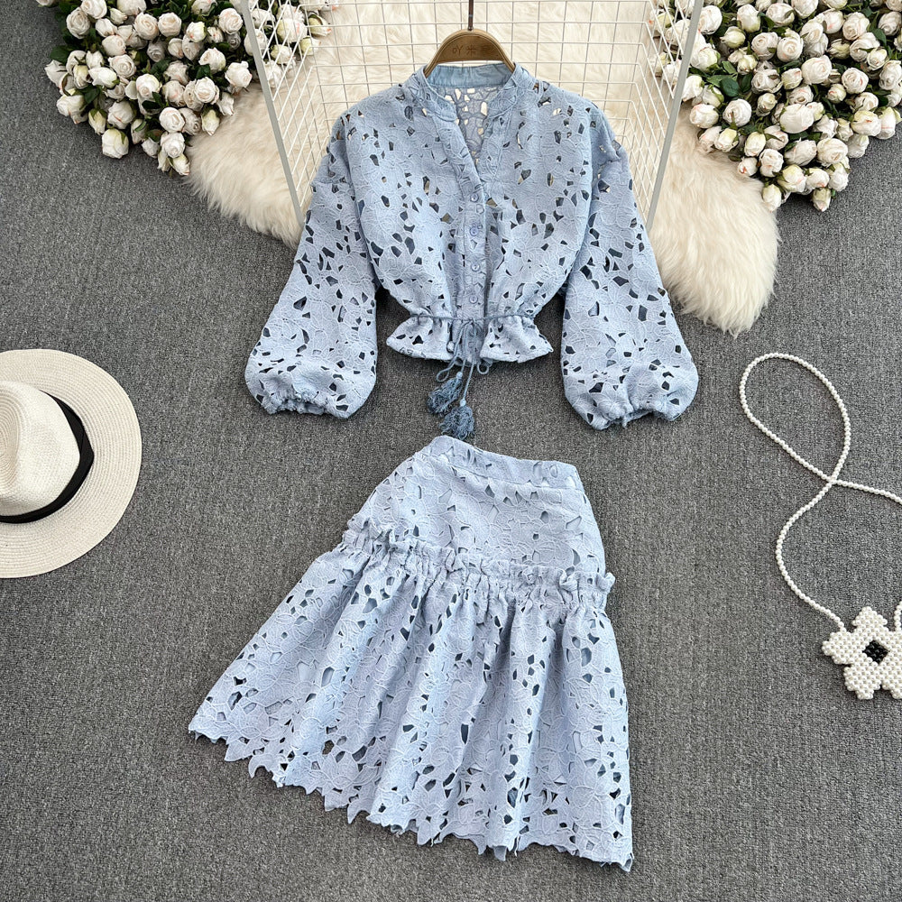 Retroelegantv neckcut outembroidered lantern sleeveshortshirt women's two-piece set high waistslimming looka-line skirt