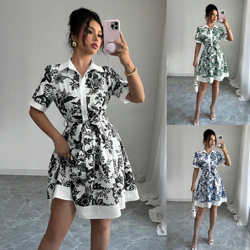 Ready stock  new arrival: minimalist chic tie-waist printed short-sleeve dress