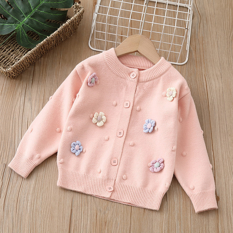 Girls' cardigan knit sweater kids' outerwear  autumn/winter new handmade floral baby girl top