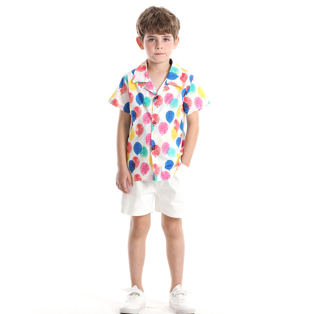Korean style floral short-sleeve shirt set for kids - cotton casual outfit for boys and girls, matching family sets for siblings