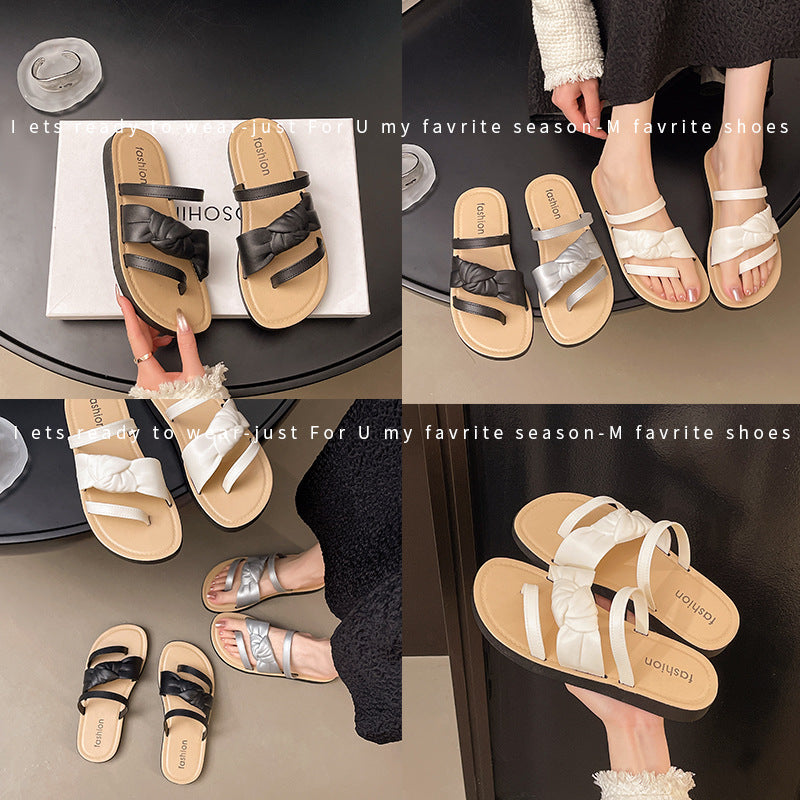 2025 new fashion summer flat sandals women's outdoor vacation versatile bow student beach sandals