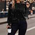 fashion cross-border plus size black velvet tops fungus collar pearl decoration puff sleeves long sleeves bottom