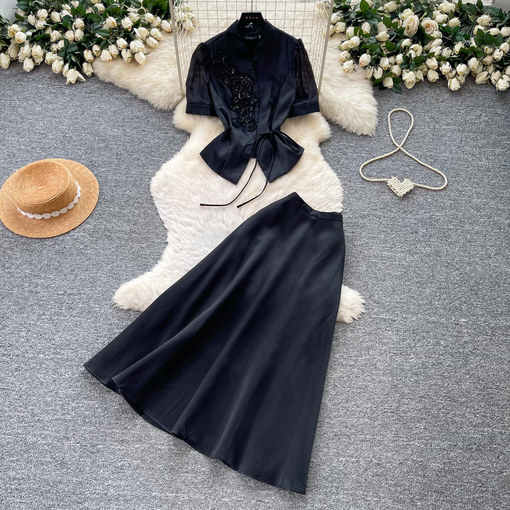 Luxury chic wine red puff sleeve top and high-waisted maxi skirt two-piece set - women's summer commute outfit, slim fit and figure-flattering