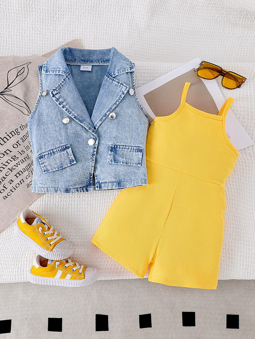 new arrivalsummergirl lapel denim vest matchingpure color suspender one-piece shortstwo-piece setsuit