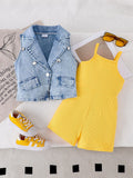 new arrivalsummergirl lapel denim vest matchingpure color suspender one-piece shortstwo-piece setsuit