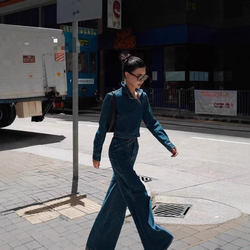 women's clothing,  style: european, american, and korean-inspired casual, minimalist, and versatile long-sleeved denim sets, perfect for work or everyday wear. fashionable and retro