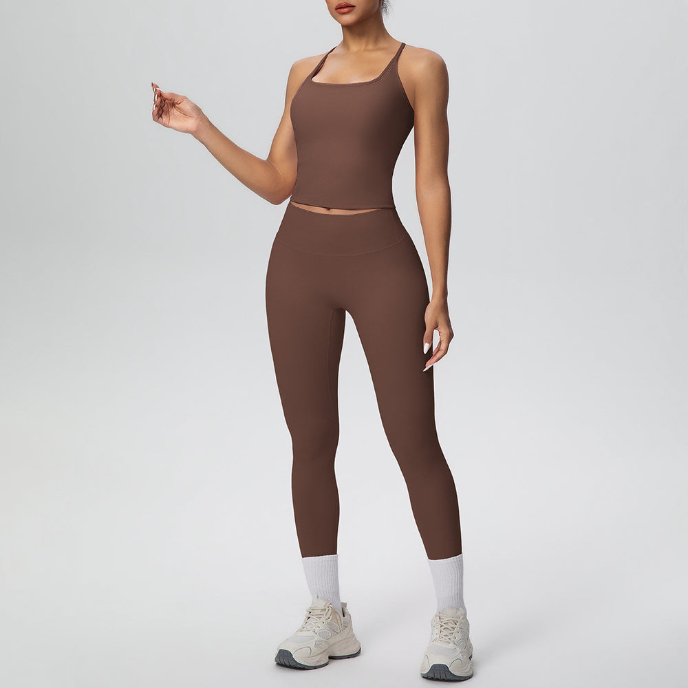 New arrival cross-border brushed back tight i-shaped back high waist yoga suit sports running fitness two-piece set