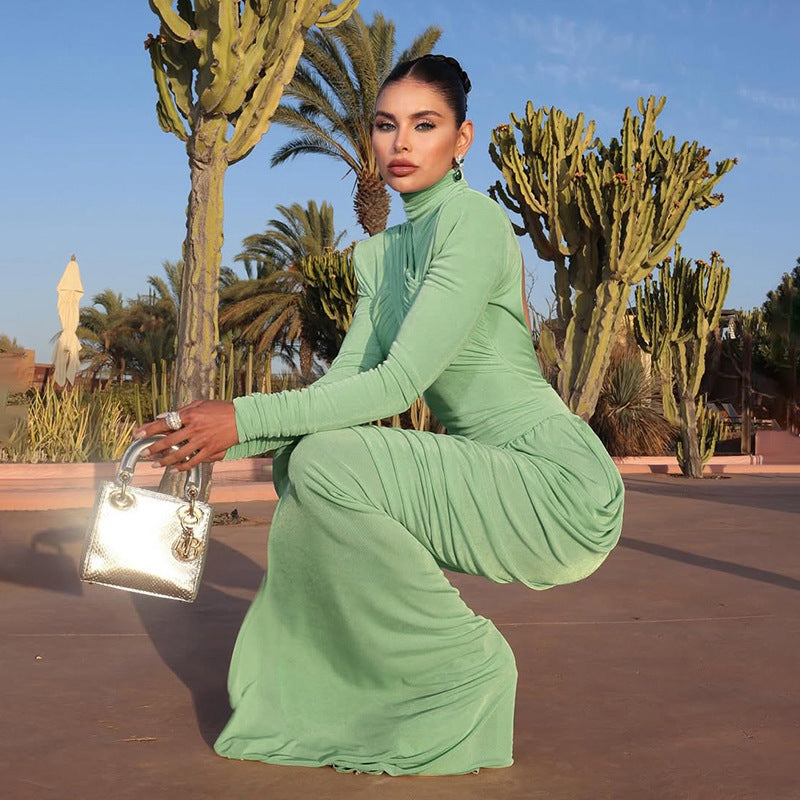 European and American  2025 autumn women's clothing new temperament solid color turtleneck backless splicing pleated thin dress
