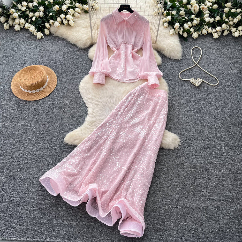 French chic sequin mesh pleated two-piece set - women's spring/autumn high-waisted tie-waist premium elegant outfit