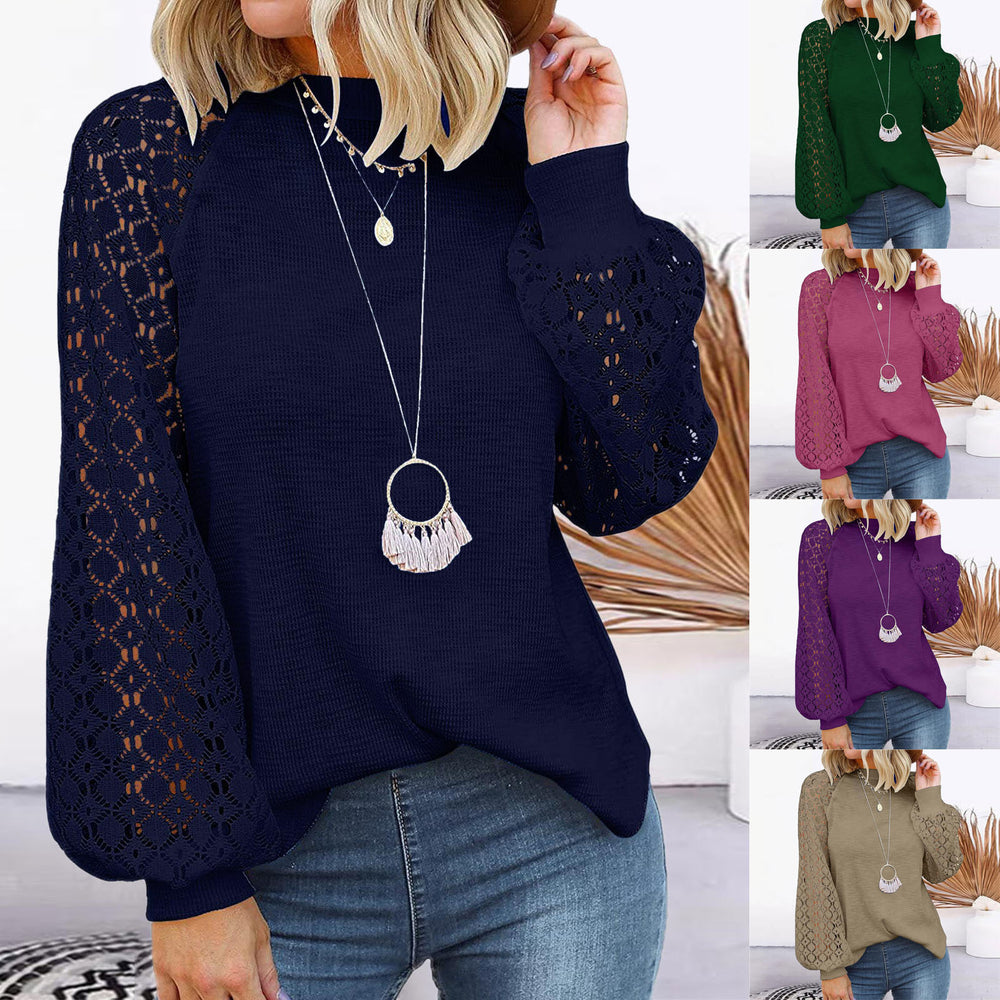 fashionexport cross-border new arrival  independent station round neck long sleeves lacepatchworkloosetops women