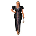 C6500   fashion women's hotfix rhinestone bubble sleeve stretch v-neck maxi dress