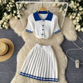 Pure desire hot girl style contrast color polo collar short sleeve shirt tops + high waistslimming look pleated skirt two-piece set summer